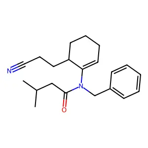 1-(N-Benzyl-N-3-methylbutanoyl)amino-6-(2-cyanoethyl)cyclohexene structure