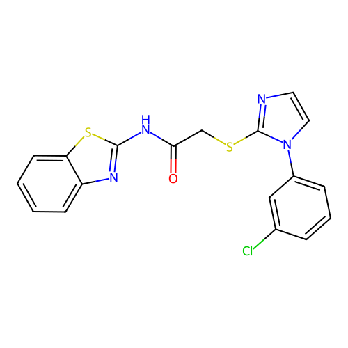 N-(1,3-benzothiazol-2-yl)-2-[1-(3-chlorophenyl)imidazol-2-yl]sulfanylacetamide structure