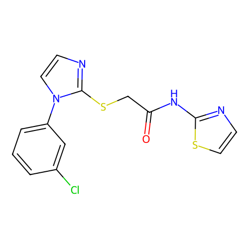 2-((1-(3-chlorophenyl)-1H-imidazol-2-yl)thio)-N-(thiazol-2-yl)acetamide structure