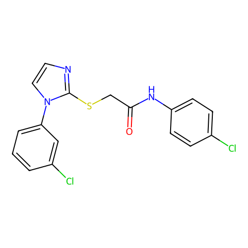 N-(4-chlorophenyl)-2-[1-(3-chlorophenyl)imidazol-2-yl]sulfanylacetamide structure