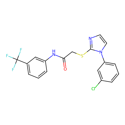 2-{[1-(3-chlorophenyl)-1H-imidazol-2-yl]sulfanyl}-N-[3-(trifluoromethyl)phenyl]acetamide structure