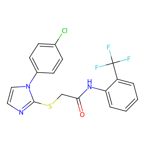 2-{[1-(4-chlorophenyl)-1H-imidazol-2-yl]sulfanyl}-N-[2-(trifluoromethyl)phenyl]acetamide structure
