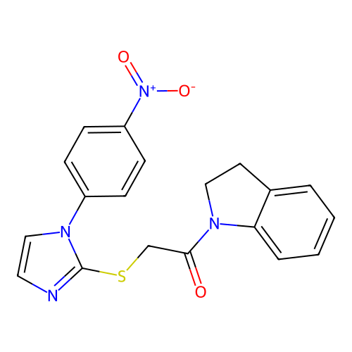 1-(indolin-1-yl)-2-((1-(4-nitrophenyl)-1H-imidazol-2-yl)thio)ethanone structure