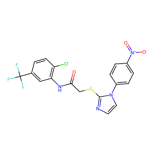N-[2-chloro-5-(trifluoromethyl)phenyl]-2-{[1-(4-nitrophenyl)-1H-imidazol-2-yl]sulfanyl}acetamide structure