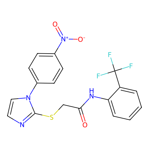 2-{[1-(4-nitrophenyl)-1H-imidazol-2-yl]sulfanyl}-N-[2-(trifluoromethyl)phenyl]acetamide structure