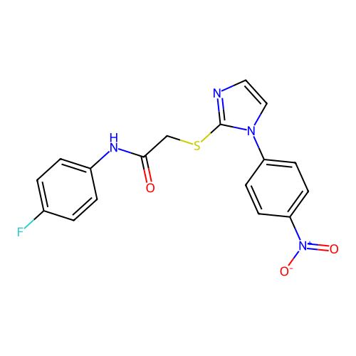 N-(4-fluorophenyl)-2-((1-(4-nitrophenyl)-1H-imidazol-2-yl)thio)acetamide structure