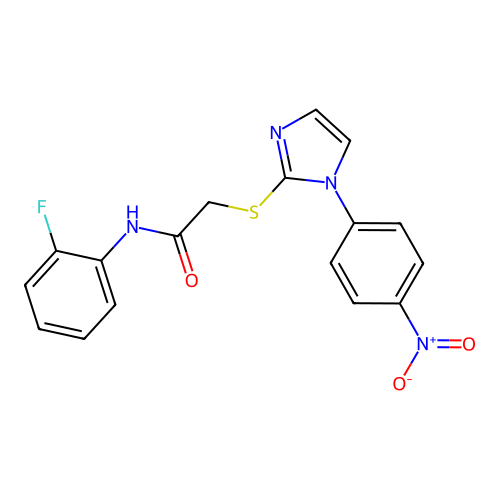 N-(2-fluorophenyl)-2-((1-(4-nitrophenyl)-1H-imidazol-2-yl)thio)acetamide structure