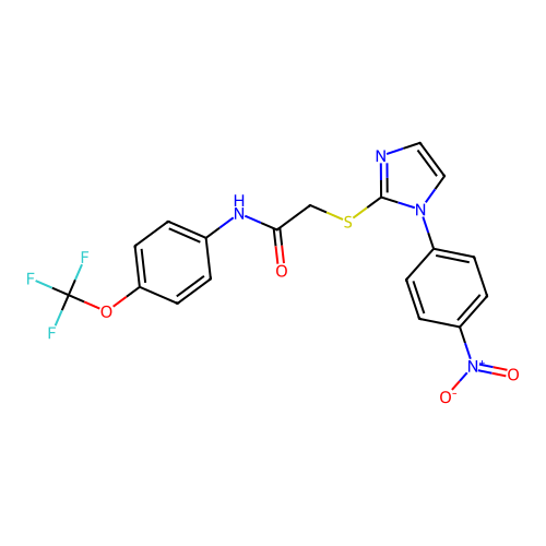 2-((1-(4-nitrophenyl)-1H-imidazol-2-yl)thio)-N-(4-(trifluoromethoxy)phenyl)acetamide structure
