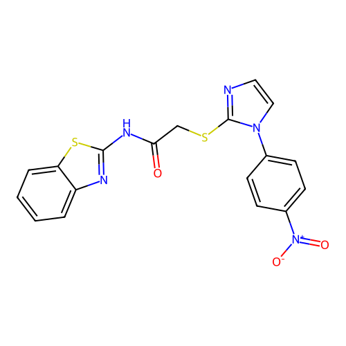 N-(1,3-benzothiazol-2-yl)-2-[1-(4-nitrophenyl)imidazol-2-yl]sulfanylacetamide structure