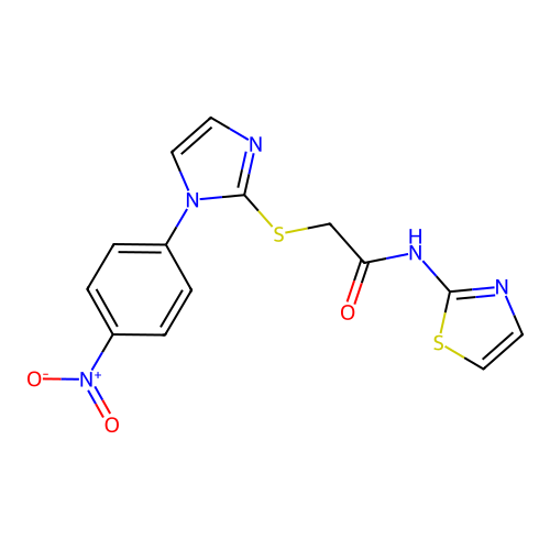 2-((1-(4-nitrophenyl)-1H-imidazol-2-yl)thio)-N-(thiazol-2-yl)acetamide structure