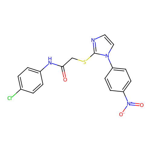 N-(4-chlorophenyl)-2-((1-(4-nitrophenyl)-1H-imidazol-2-yl)thio)acetamide structure