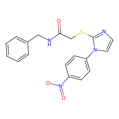 N-benzyl-2-((1-(4-nitrophenyl)-1H-imidazol-2-yl)thio)acetamide structure