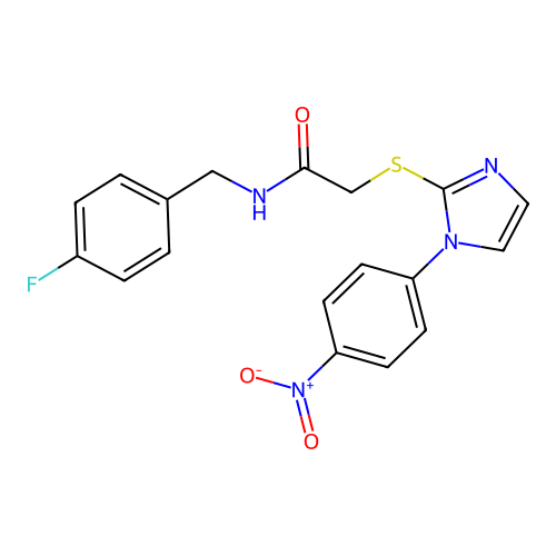 N-(4-fluorobenzyl)-2-((1-(4-nitrophenyl)-1H-imidazol-2-yl)thio)acetamide structure