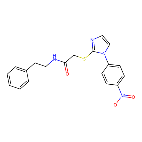 2-((1-(4-nitrophenyl)-1H-imidazol-2-yl)thio)-N-phenethylacetamide structure
