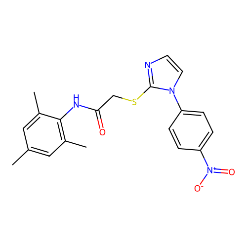N-mesityl-2-((1-(4-nitrophenyl)-1H-imidazol-2-yl)thio)acetamide structure