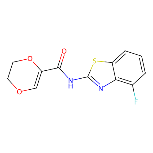 N-(4-fluoro-1,3-benzothiazol-2-yl)-2,3-dihydro-1,4-dioxine-5-carboxamide structure