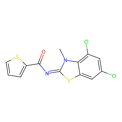 N-(4,6-dichloro-3-methyl-1,3-benzothiazol-2-ylidene)thiophene-2-carboxamide structure