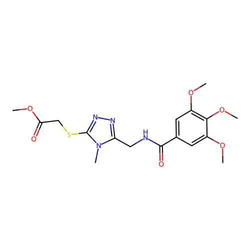 methyl 2-((4-methyl-5-((3,4,5-trimethoxybenzamido)methyl)-4H-1,2,4-triazol-3-yl)thio)acetate structure