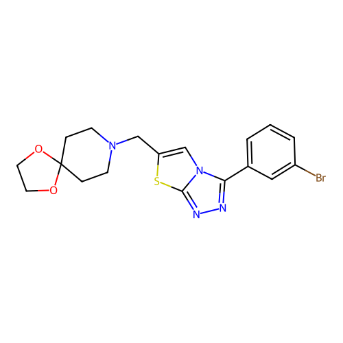 8-[[3-(3-bromophenyl)-[1,3]thiazolo[2,3-c][1,2,4]triazol-6-yl]methyl]-1,4-dioxa-8-azaspiro[4.5]decane structure