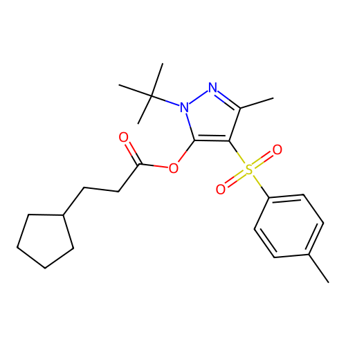 1-(tert-butyl)-3-methyl-4-tosyl-1H-pyrazol-5-yl 3-cyclopentylpropanoate structure