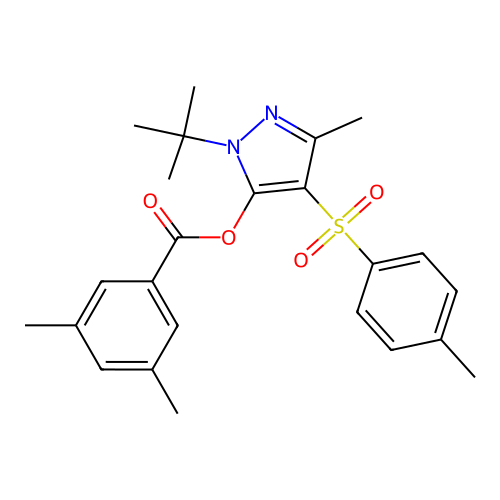 1-(tert-butyl)-3-methyl-4-tosyl-1H-pyrazol-5-yl 3,5-dimethylbenzoate structure