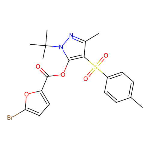 1-(tert-butyl)-3-methyl-4-tosyl-1H-pyrazol-5-yl 5-bromofuran-2-carboxylate structure