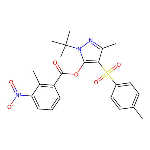 1-(tert-butyl)-3-methyl-4-tosyl-1H-pyrazol-5-yl 2-methyl-3-nitrobenzoate structure