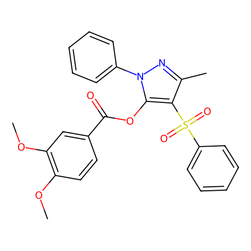 3-methyl-1-phenyl-4-(phenylsulfonyl)-1H-pyrazol-5-yl 3,4-dimethoxybenzoate structure