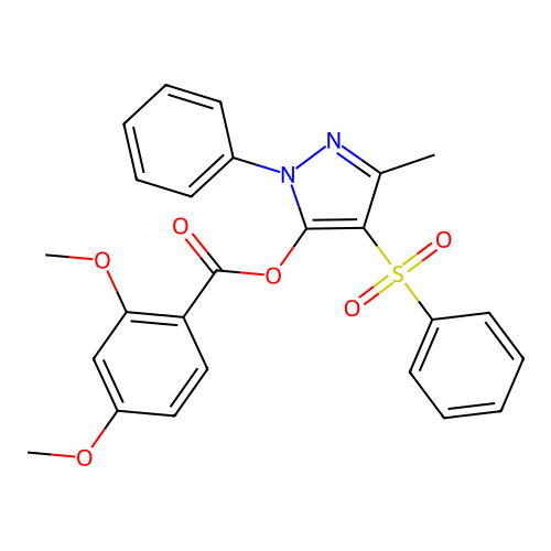 3-methyl-1-phenyl-4-(phenylsulfonyl)-1H-pyrazol-5-yl 2,4-dimethoxybenzoate structure