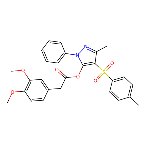 3-methyl-1-phenyl-4-tosyl-1H-pyrazol-5-yl 2-(3,4-dimethoxyphenyl)acetate structure