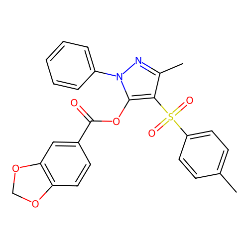 3-methyl-1-phenyl-4-tosyl-1H-pyrazol-5-yl benzo[d][1,3]dioxole-5-carboxylate structure