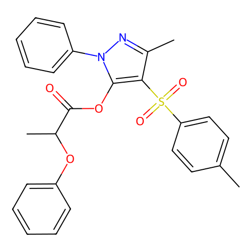 3-methyl-1-phenyl-4-tosyl-1H-pyrazol-5-yl 2-phenoxypropanoate structure