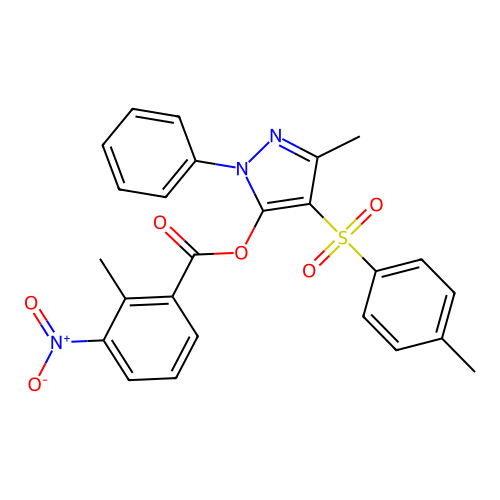 3-methyl-1-phenyl-4-tosyl-1H-pyrazol-5-yl 2-methyl-3-nitrobenzoate structure