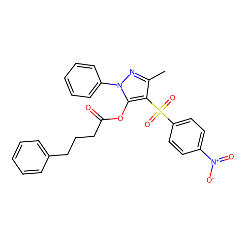 3-methyl-4-((4-nitrophenyl)sulfonyl)-1-phenyl-1H-pyrazol-5-yl 4-phenylbutanoate structure