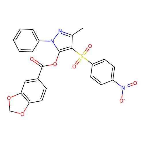 3-methyl-4-(4-nitrobenzenesulfonyl)-1-phenyl-1H-pyrazol-5-yl 2H-1,3-benzodioxole-5-carboxylate structure