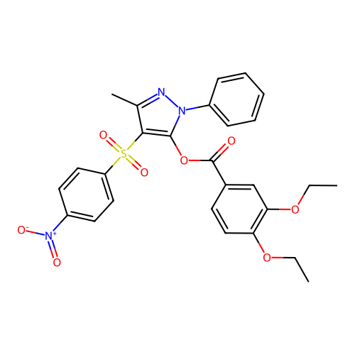 3-methyl-4-((4-nitrophenyl)sulfonyl)-1-phenyl-1H-pyrazol-5-yl 3,4-diethoxybenzoate structure