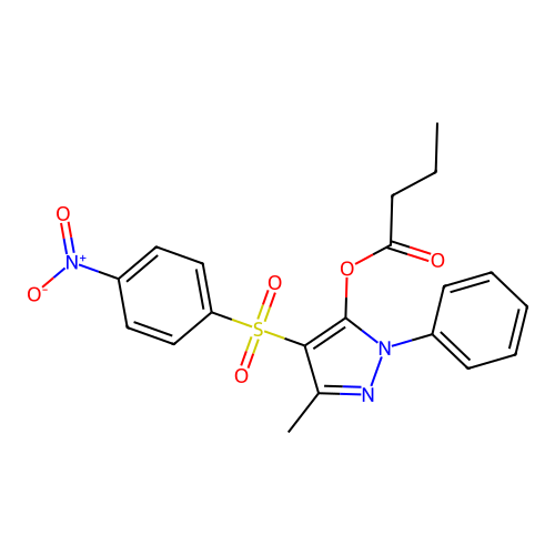 3-methyl-4-((4-nitrophenyl)sulfonyl)-1-phenyl-1H-pyrazol-5-yl butyrate structure