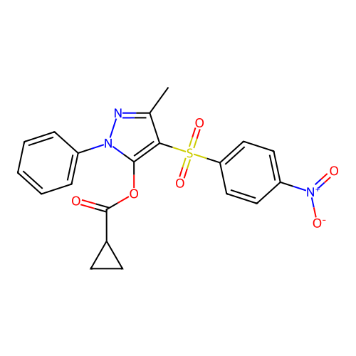 3-methyl-4-(4-nitrobenzenesulfonyl)-1-phenyl-1H-pyrazol-5-yl cyclopropanecarboxylate structure