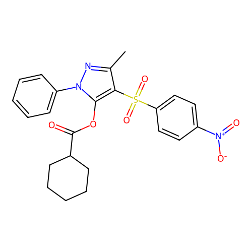 3-methyl-4-(4-nitrobenzenesulfonyl)-1-phenyl-1H-pyrazol-5-yl cyclohexanecarboxylate structure