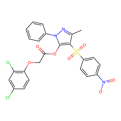3-methyl-4-(4-nitrobenzenesulfonyl)-1-phenyl-1H-pyrazol-5-yl 2-(2,4-dichlorophenoxy)acetate structure