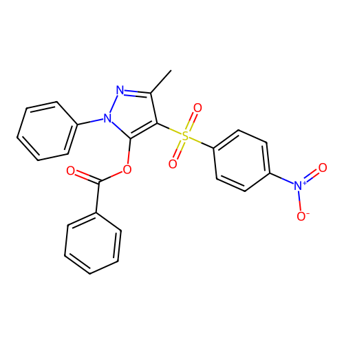 3-methyl-4-((4-nitrophenyl)sulfonyl)-1-phenyl-1H-pyrazol-5-yl benzoate structure