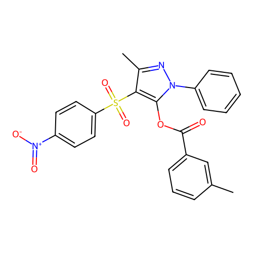 3-methyl-4-((4-nitrophenyl)sulfonyl)-1-phenyl-1H-pyrazol-5-yl 3-methylbenzoate structure