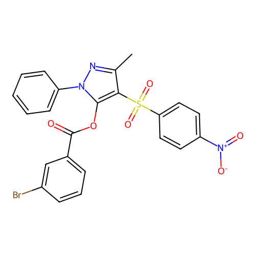 3-methyl-4-((4-nitrophenyl)sulfonyl)-1-phenyl-1H-pyrazol-5-yl 3-bromobenzoate structure
