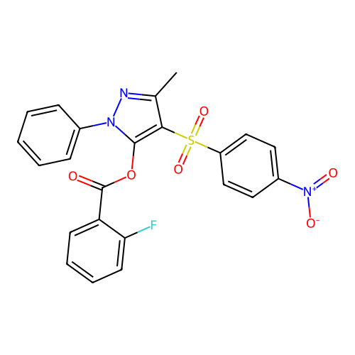3-methyl-4-((4-nitrophenyl)sulfonyl)-1-phenyl-1H-pyrazol-5-yl 2-fluorobenzoate structure