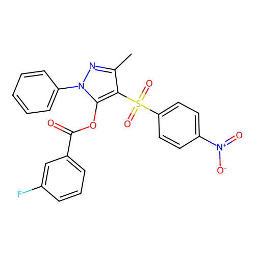 3-methyl-4-((4-nitrophenyl)sulfonyl)-1-phenyl-1H-pyrazol-5-yl 3-fluorobenzoate structure