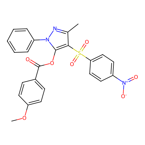 3-methyl-4-((4-nitrophenyl)sulfonyl)-1-phenyl-1H-pyrazol-5-yl 4-methoxybenzoate structure