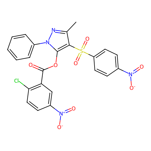 3-methyl-4-(4-nitrobenzenesulfonyl)-1-phenyl-1H-pyrazol-5-yl 2-chloro-5-nitrobenzoate structure