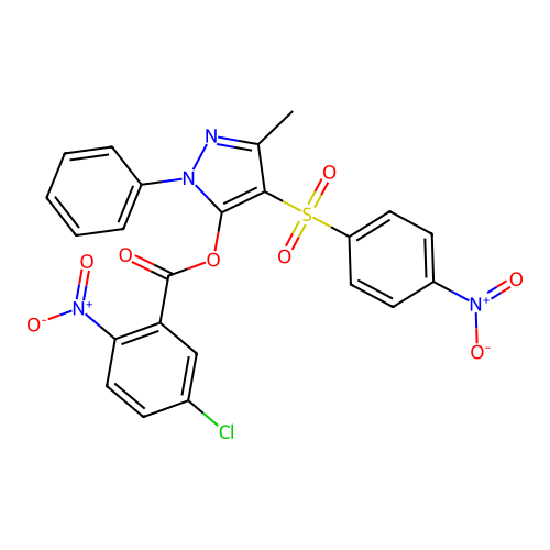 3-methyl-4-((4-nitrophenyl)sulfonyl)-1-phenyl-1H-pyrazol-5-yl 5-chloro-2-nitrobenzoate structure