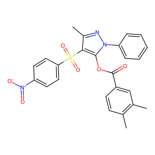3-methyl-4-((4-nitrophenyl)sulfonyl)-1-phenyl-1H-pyrazol-5-yl 3,4-dimethylbenzoate structure