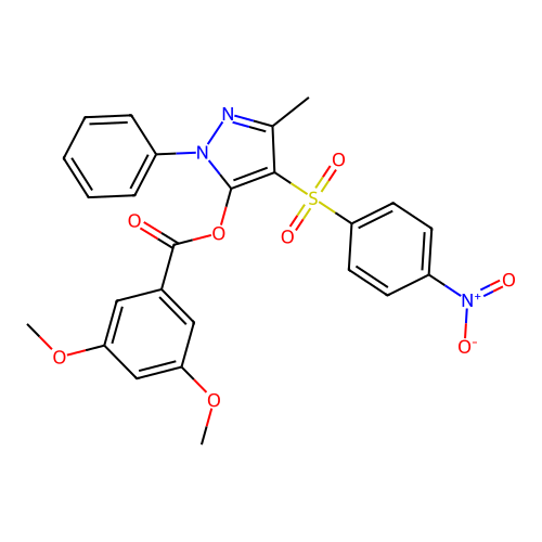 3-methyl-4-(4-nitrobenzenesulfonyl)-1-phenyl-1H-pyrazol-5-yl 3,5-dimethoxybenzoate structure
